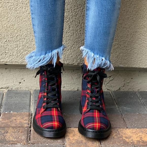 Red/Navy Sweater Plaid Lace Up Combat Boots - Picture 6 of 7